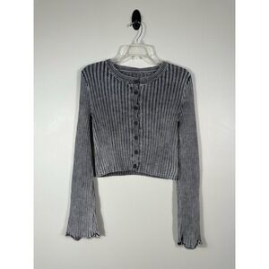 Y2K Ribbed Knit Sweater Womens XS/S Gray Cardigan Flare Sleeve Grunge
